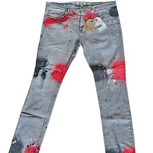 Men's Gray Skinny Jeans with Red and Black Splatter